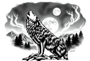 lone wolf howling at full moon with northern lights backdrop tattoo idea