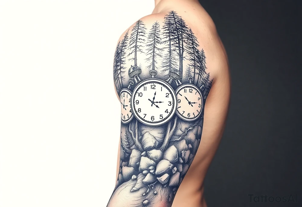 Forest landscape with three clocks with dates tattoo idea
