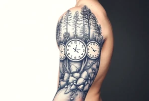 Forest landscape with three clocks with dates tattoo idea