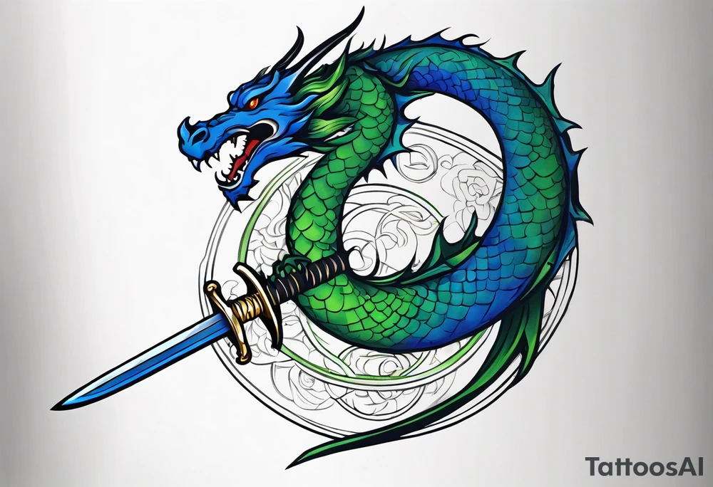 Blue and green dragon around a katana sword tattoo idea