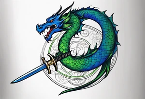 Blue and green dragon around a katana sword tattoo idea