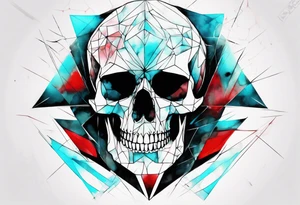 Modern and futuristic skull, with poems of a deadline Man, prism light reflection, black, red and cyan, abstract, geometric, fractal chaos tattoo idea
