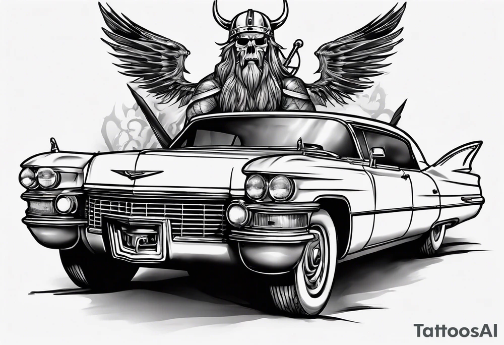 I want a tattoo of an old Cadillac car and a vaking in the back with the name “Viking Customs” incorporated in the design tattoo idea