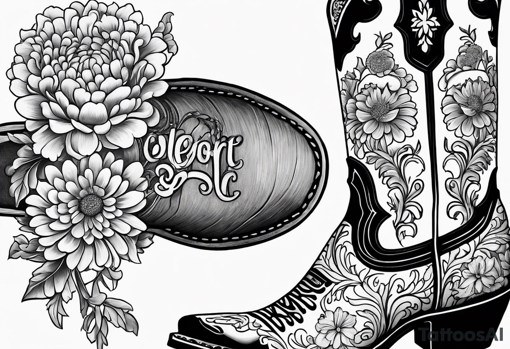 Cowboy boot with bouquet of chrysanthemum, carnations and marigolds inside tattoo idea