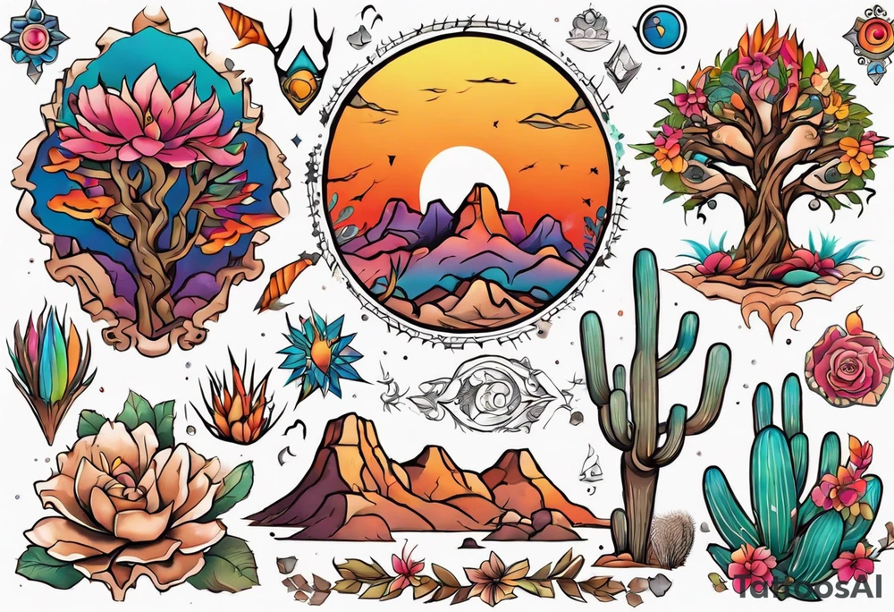 Design a vibrant, colorful, and intricate desert-themed tattoo to cover my chest piece. Incorporate elements like trees, flowers, and animals to create a harmonious and eye-catching composition. tattoo idea