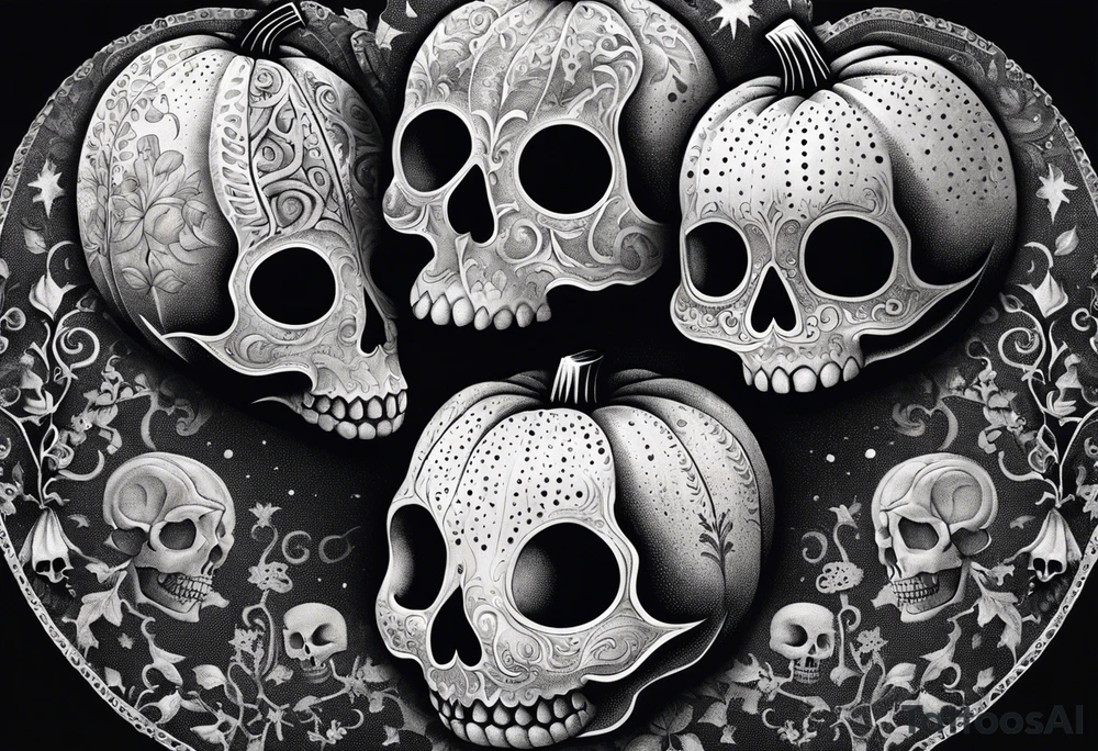 Carved pumpkin with skeletons kissing tattoo idea