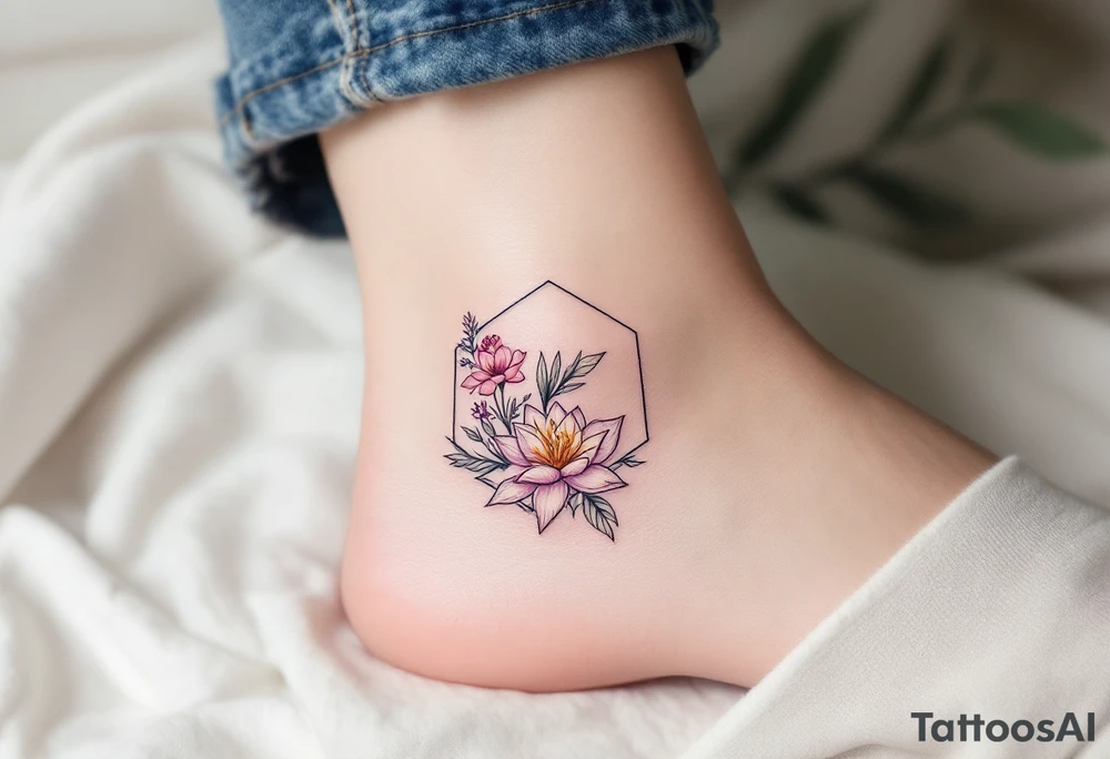 Leo, larkspur and water lily surrounded by a hexagon tattoo idea