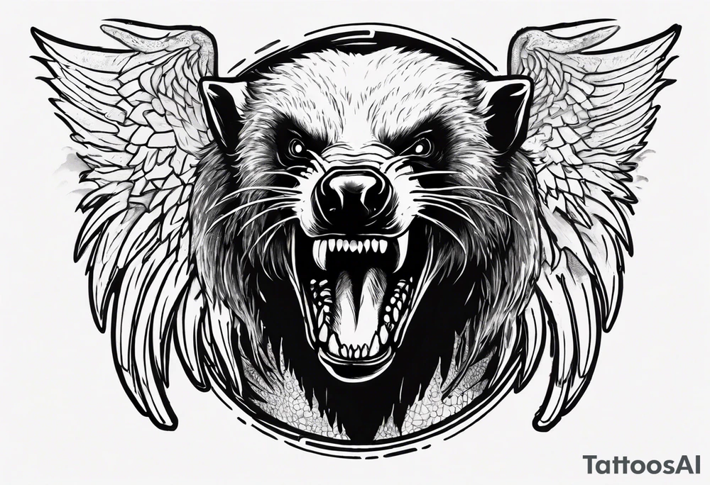 Angry, snarling, detailed forward-facing honey badger against the backdrop of large demonic wings tattoo idea