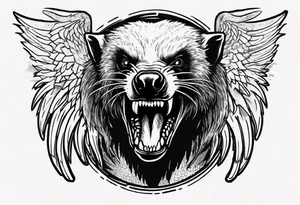 Angry, snarling, detailed forward-facing honey badger against the backdrop of large demonic wings tattoo idea