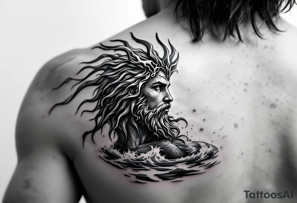 young poseidon, with trident, in water, looking at the horizon tattoo idea
