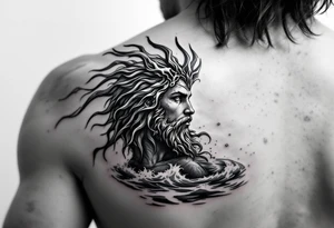 young poseidon, with trident, in water, looking at the horizon tattoo idea