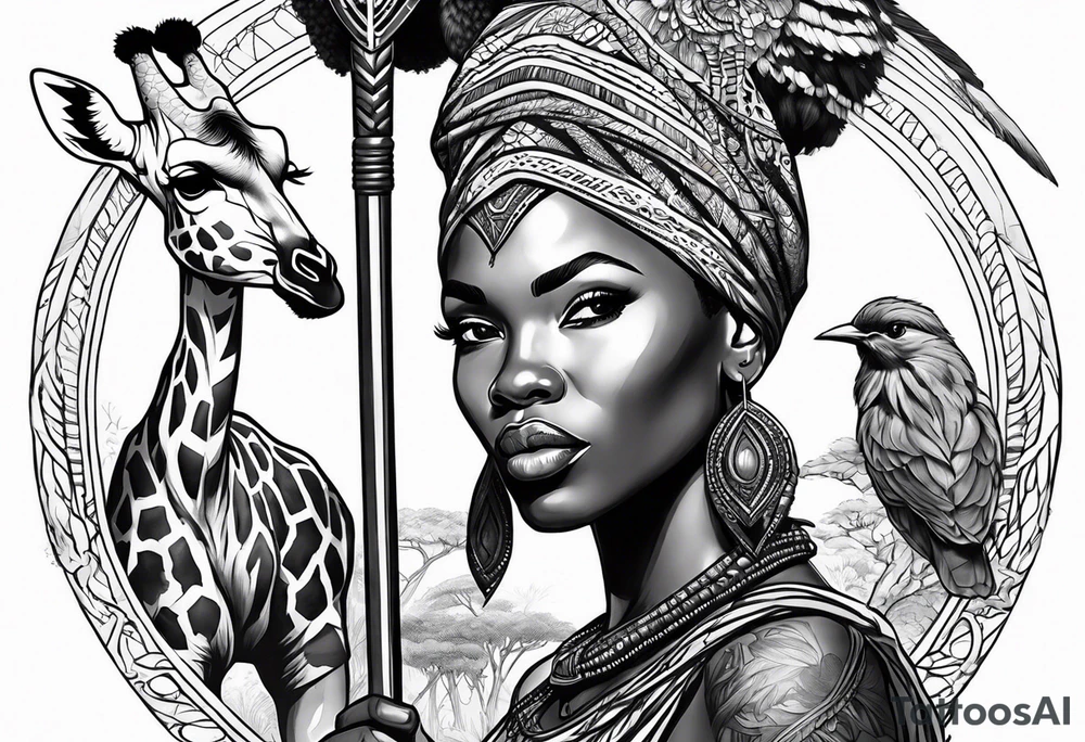 African woman warrior holding a spear with birds in the background and giraffe tattoo idea