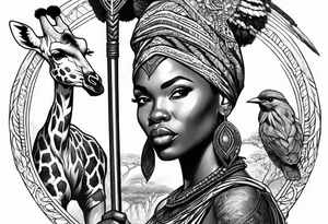 African woman warrior holding a spear with birds in the background and giraffe tattoo idea