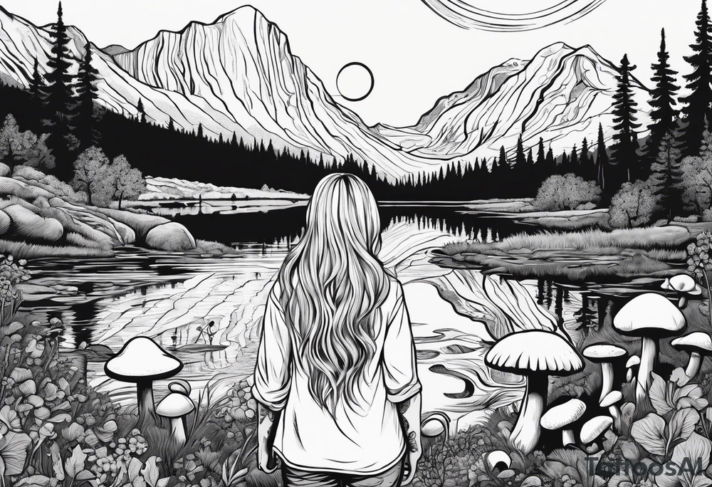 Whole picture encircled fully

Straight long blonde hair hippie girl in distance holding mushrooms in hand facing away toward mountains and creek surrounded by mushrooms long sleeve shirt and hiking pants; whole rendering within a full circle, no cut off circle tattoo idea