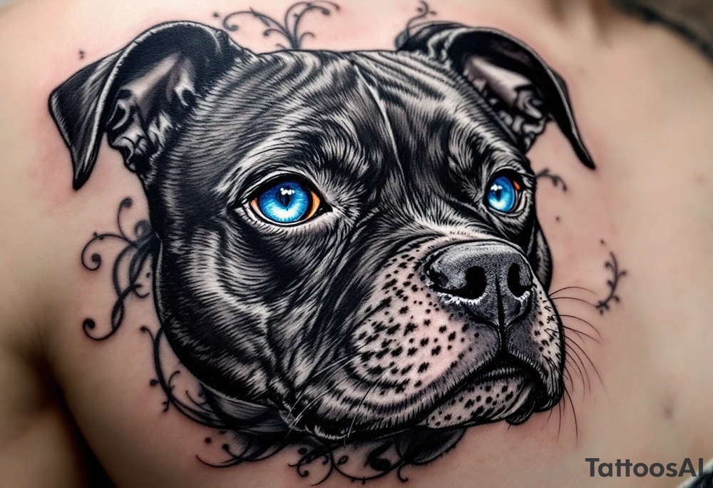 Black Ink Realism with Eye Color Pop – A fully black-and-gray realistic Staffordshire Bull Terrier with just the eyes in vivid blue or hazel, drawing focus. tattoo idea