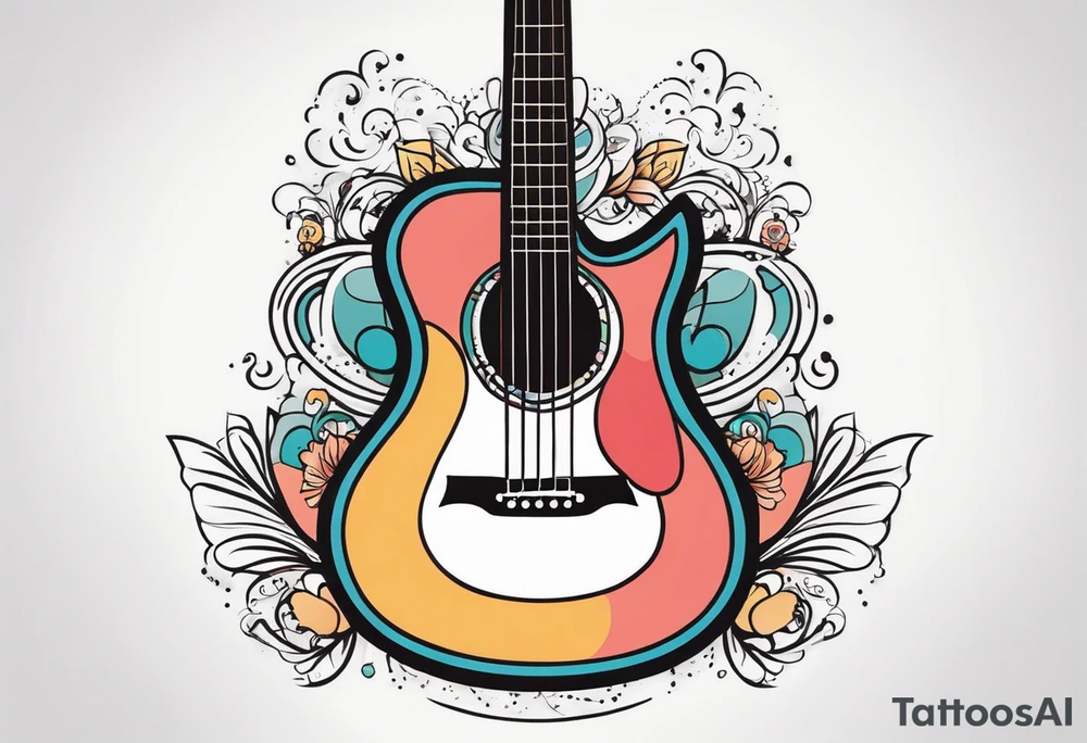 A minimalist guitar design, small in size, with clean lines and vintage detailing. The guitar represents a deep connection to music, with a classic, understated design that captures its essence without embellishments. tattoo idea