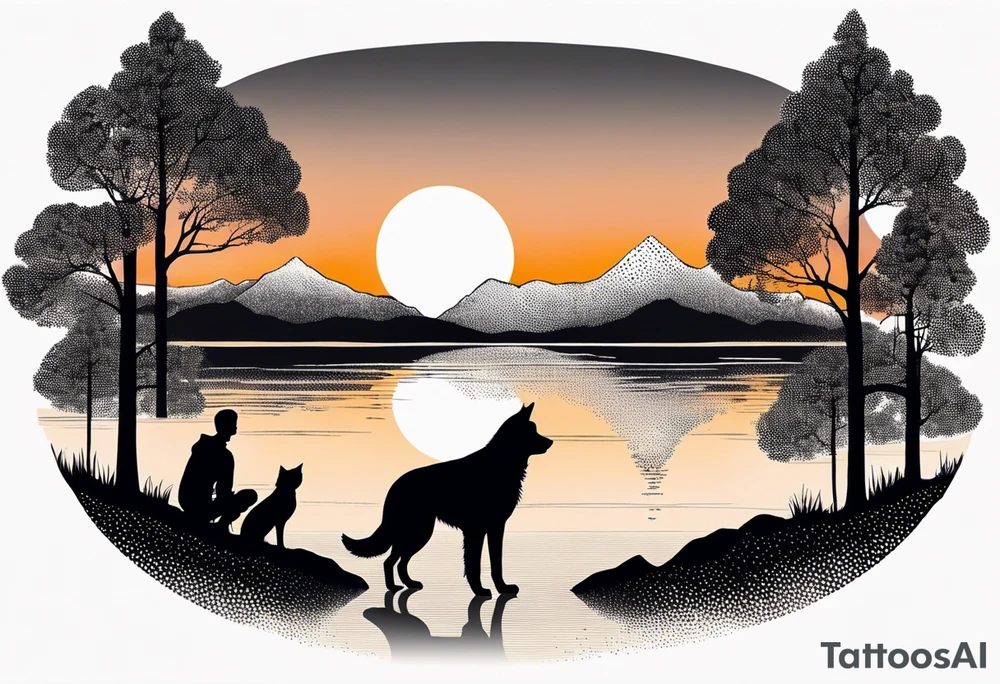 nature, sunset, mountains, a father and son hiking with their dog and cat 
by the water tattoo idea