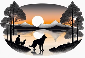nature, sunset, mountains, a father and son hiking with their dog and cat 
by the water tattoo idea