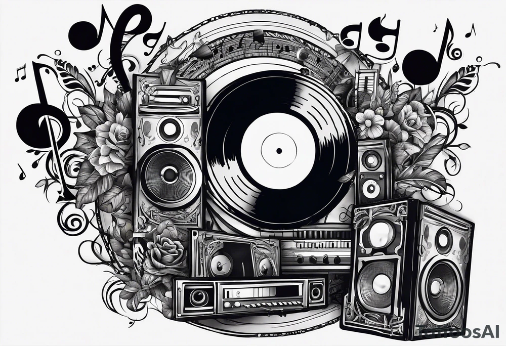 music notes surrounded by a record, a cassette tape, and saxophone parts tattoo idea