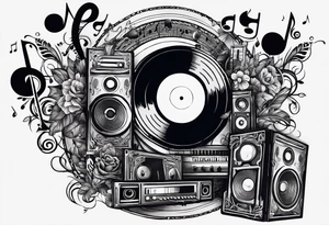 music notes surrounded by a record, a cassette tape, and saxophone parts tattoo idea