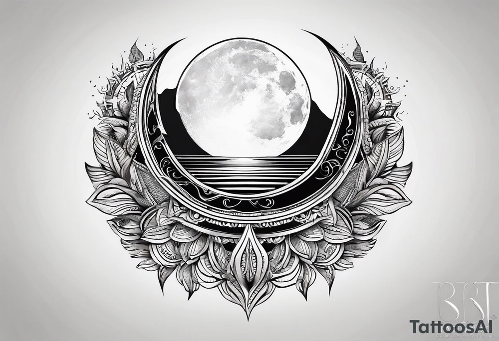 Small fire with sun rays on top over a half moon tattoo idea