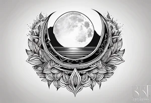 Small fire with sun rays on top over a half moon tattoo idea