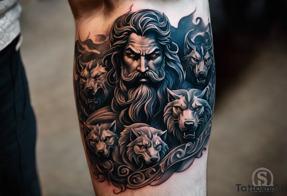 The tattoo features a highly realistic depiction of Hadès, the Greek god of the underworld, holding Cerberus, the three-headed guardian of the underworld, on a chain. Hadès is portrayed with a commanding and imposing presence. His face, marked by stern and intense eyes, exudes authority and control. His dark, flowing hair and beard are rendered with intricate details, adding texture and depth. He is draped in a richly detailed cloak that falls in realistic folds, enhancing his divine and somber demeanor. Cerberus, depicted in a dynamic and fierce pose, is shown with his three heads snarling and baring their fangs. Each head is intricately detailed with lifelike fur, sharp eyes, and menacing expressions. The three heads are chained, with the chains artistically wrapped around Hadès' hand, symbolizing his dominance over the beast. The chains themselves are depicted with realistic textures and shadows, emphasizing their weight and strength. The background remains minimalistic to keep the focus on Hadès and Cerberus. The tattoo uses detailed shading and highlights to bring out the textures of Hadès' cloak, Cerberus' fur, and the chains, capturing the dark and powerful essence of the Greek god and his fearsome guardian. tattoo idea