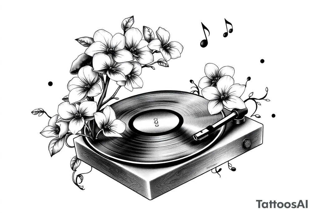 vinyl record player with mushrooms, orchids, and music notes around it tattoo idea