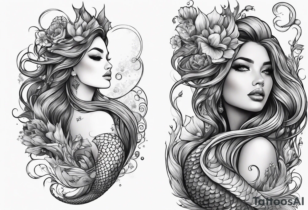 sexy full bodied mermaid with flowing tail and hair, tattoo sleeve tattoo idea