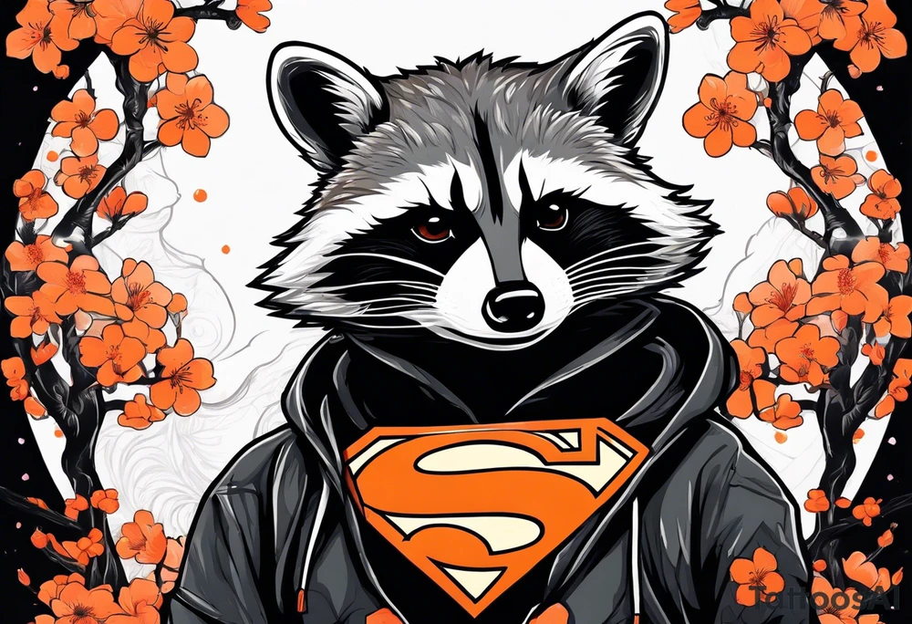 Raccoon wearing a white Superman logo on a black hoodie and orange Japanese cherry blossoms beside tattoo idea