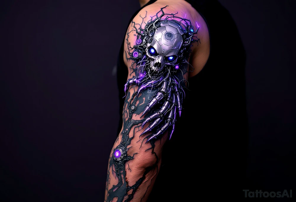 A biomechanical structure crawling up from the palm in brushed aluminum, surrounded by glowing violet circuitry and torn muscle detail. tattoo idea