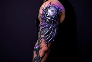 A biomechanical structure crawling up from the palm in brushed aluminum, surrounded by glowing violet circuitry and torn muscle detail. tattoo idea