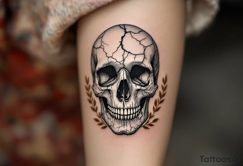 A cracked, stone-colored human skull with golden Roman laurel leaves and "memento mori" in weathered Latin lettering. tattoo idea