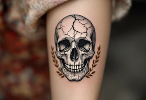 A cracked, stone-colored human skull with golden Roman laurel leaves and "memento mori" in weathered Latin lettering. tattoo idea