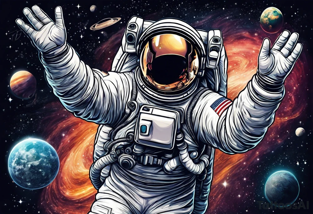 Astronaut floating reaching hand out to space tattoo idea