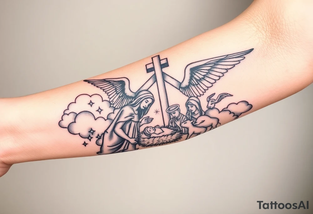 HALF SLEEVE forearm IDEA:
clouds
angel with wings portrait 
cross
The Nativity: The birth of Jesus in a manger, surrounded by Mary, Joseph, shepherds, and animals. It symbolizes hope and the beginning of Christ's life on Earth.
covers the enitre forearm tattoo idea
