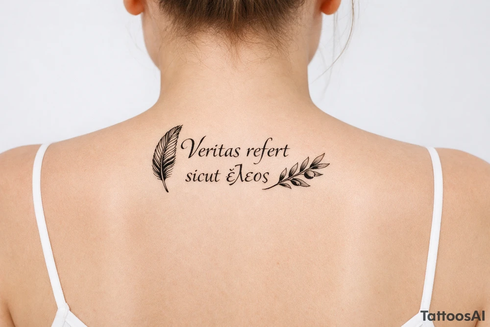 Veritas refert sicut ἔλεος on mid back slightly to the right with the words stacked not perfectly aligned with a delicate but clear quill at the beginning and an olive branch at the end and there should be Elegant curvature as a vibe do not connect anything Think ballet chic black Swan tattoo idea