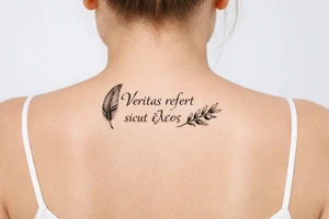 Veritas refert sicut ἔλεος on mid back slightly to the  right with the words stacked not perfectly aligned with a delicate but clear quill at the beginning and an olive branch at the end and there should be Elegant curvature as a vibe do not connect anything Think ballet chic black Swan tattoo idea