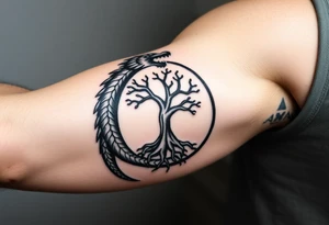 a dragon forming a circle with its body.  the dragon encircles the tree of life.  the dragon is eating the tree. the roots of the tree are strangling the dragon tattoo idea
