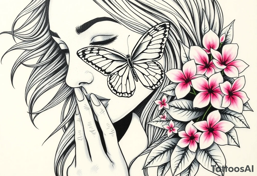 Womens Face wuth her fi ger to her lips like saying ve quiet with her long long hair flowing in the wind but ontop of her instead of her having eyes she the lower part of a butterfly as  a blind fold around that butterfly medium and small and very small butterflys and bush of Beautiful pink plumeria found in Kaimuki, on the island of Oahu. And leafs that would bee seen with these flowers tattoo idea