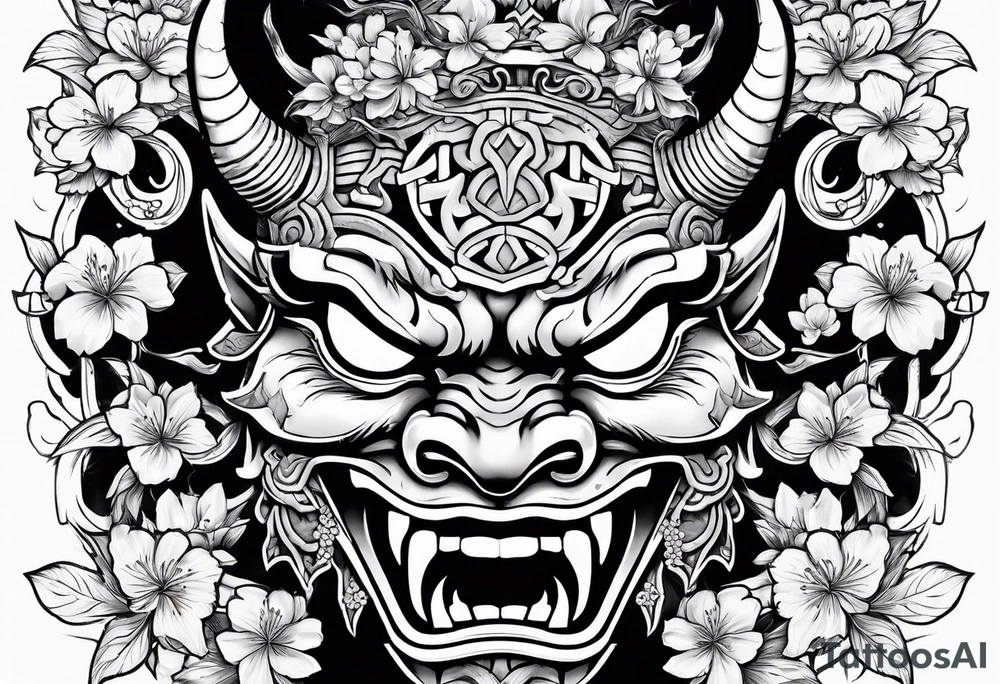 Oni mask with a cherry blossom background tattoo idea Oni mask with a cherry blossom background tattoo idea
