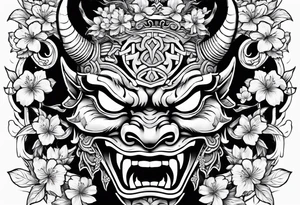 Oni mask with a cherry blossom background tattoo idea