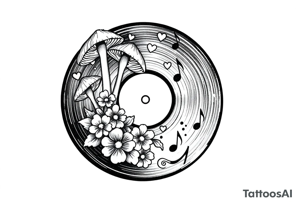 vinyl record with mushrooms, flowers, hearts, and music notes tattoo idea