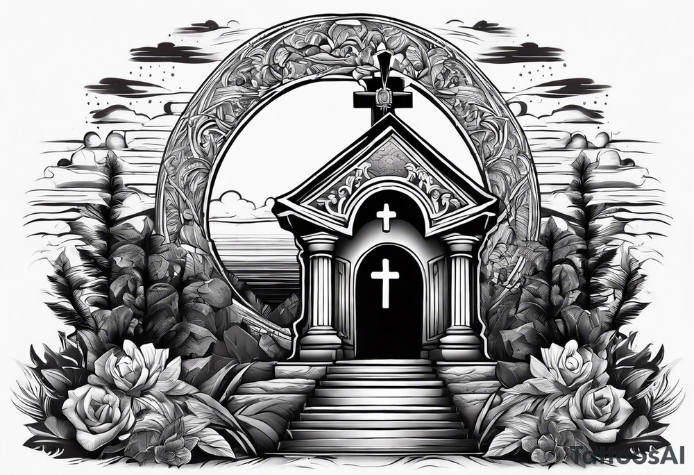 Tomb with cross and sun in the background tattoo idea