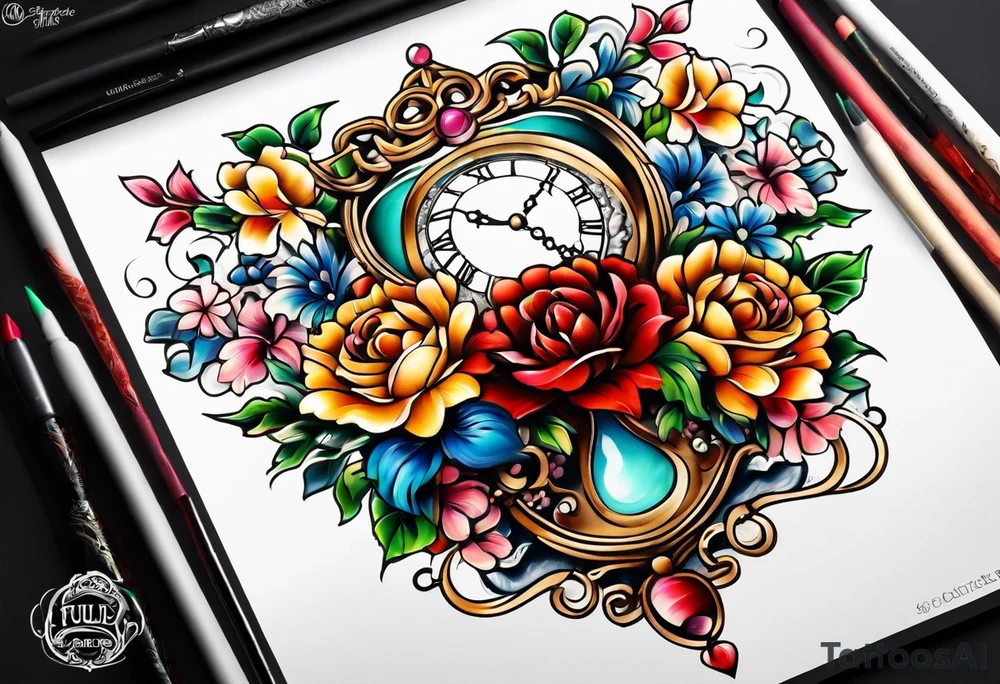 Floral leg piece with beading and lace tattoo idea. colorful, old school flowers, highly detailed, florals. white background. beautiful hourglass at the center, intricate highly detailed, tattoo idea