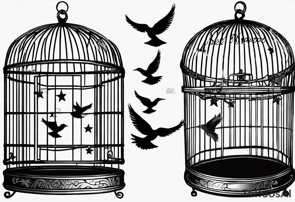 A simple open bird cage with a bird flying out, with the words ‘be free’ tattoo idea