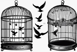 A simple open bird cage with a bird flying out, with the words ‘be free’ tattoo idea