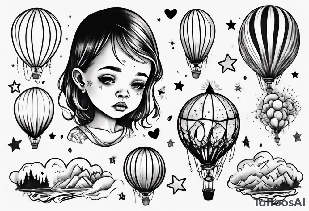 Hot water balloon with star and heart balloons and little girl inside dreaming tattoo idea