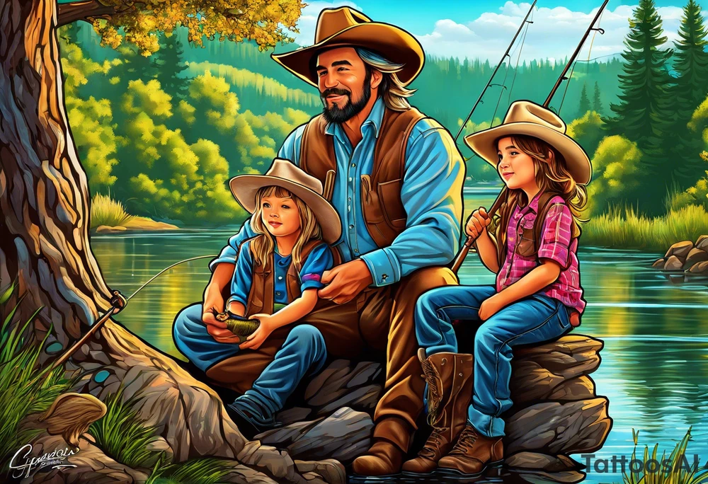 Father, young son and young daughter fishing from the bank. They are wearing cowboy hats. Trees are surrounding them with wildlife tattoo idea