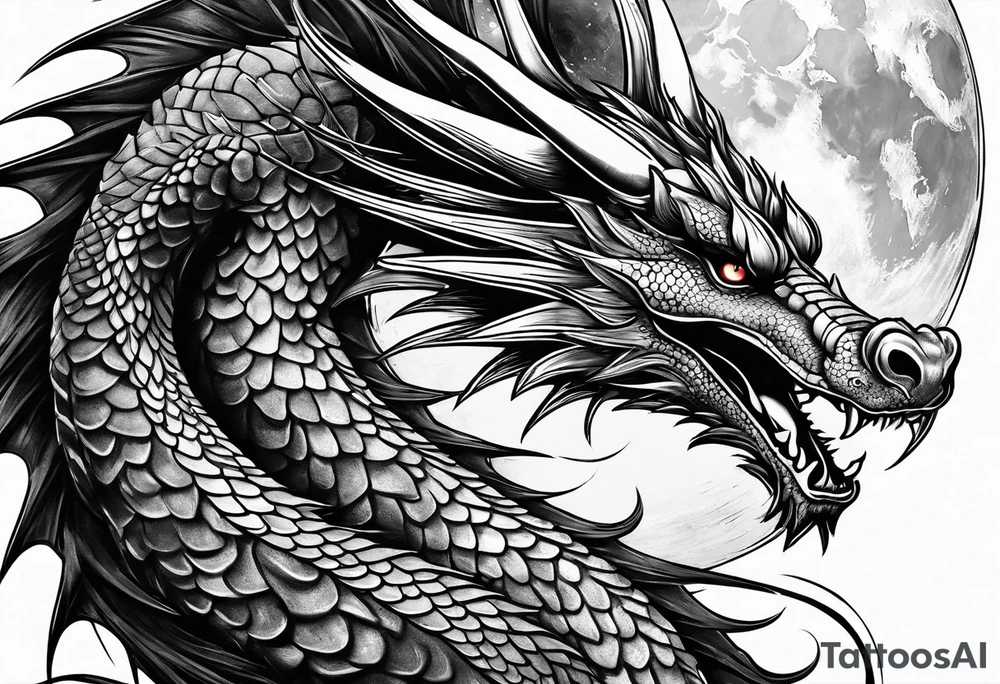 Dragon with Seven number format with full moon on background tattoo idea